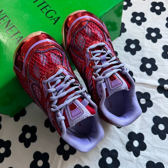Bottega Veneta Orbit Metallic Red Wisteria Low Top Sneakers - Picture 2 of 9